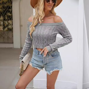 Women’s Twist Knit Off - Shoulder Pullover Sweater – Slim Fit Cropped Style - Negative Apparel