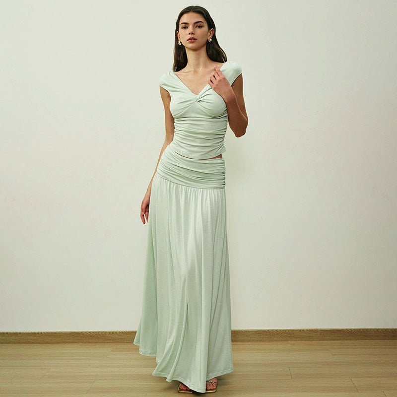 Women's Twist Knot Convertible Off - Shoulder Short Sleeve Top & Flared Skirt Two - Piece Set - Negative Apparel