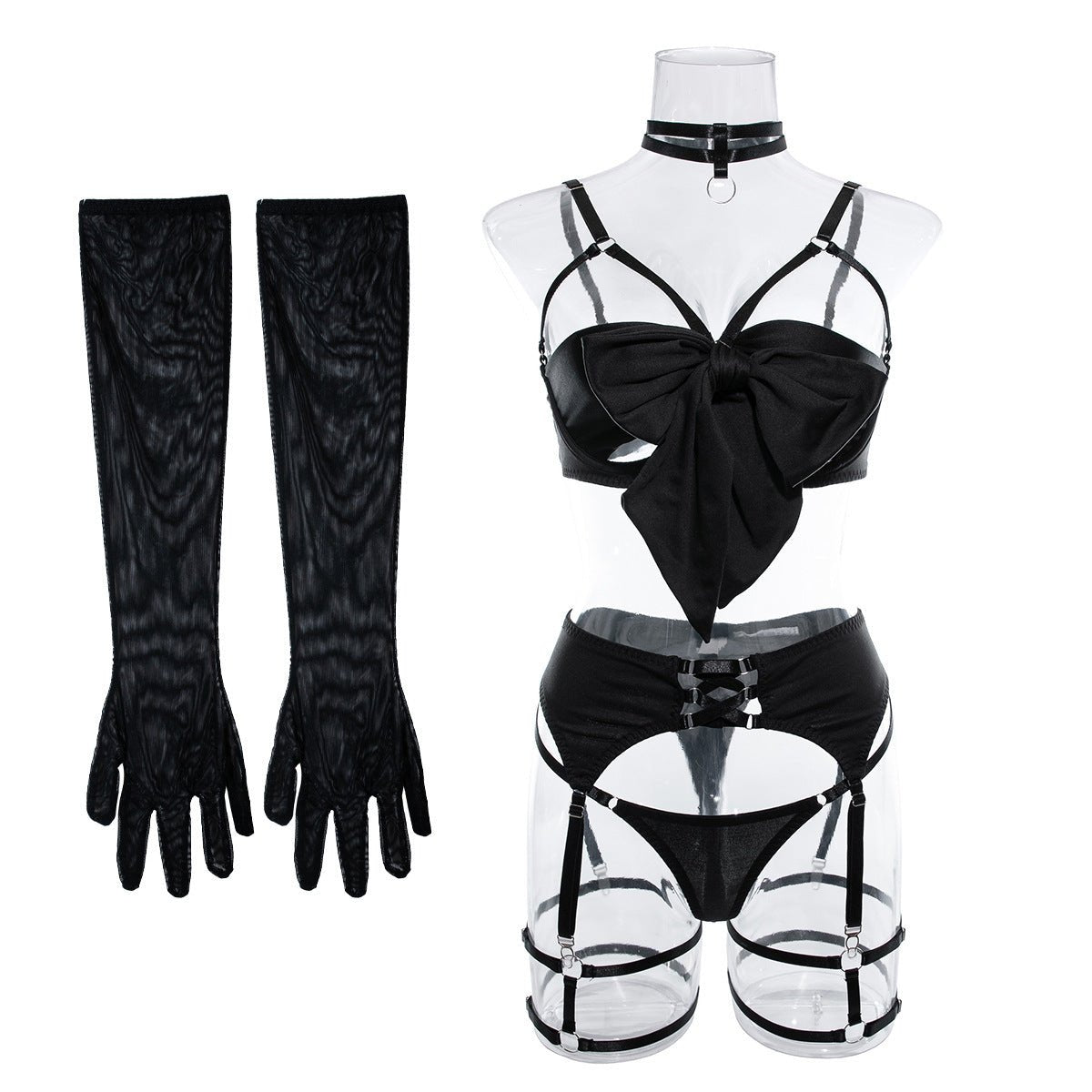 Women's underwear bow tie can reveal chest steel ring gather with gloves four - piece set - Negative Apparel