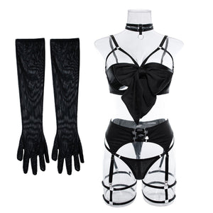 Women's underwear bow tie can reveal chest steel ring gather with gloves four - piece set - Negative Apparel