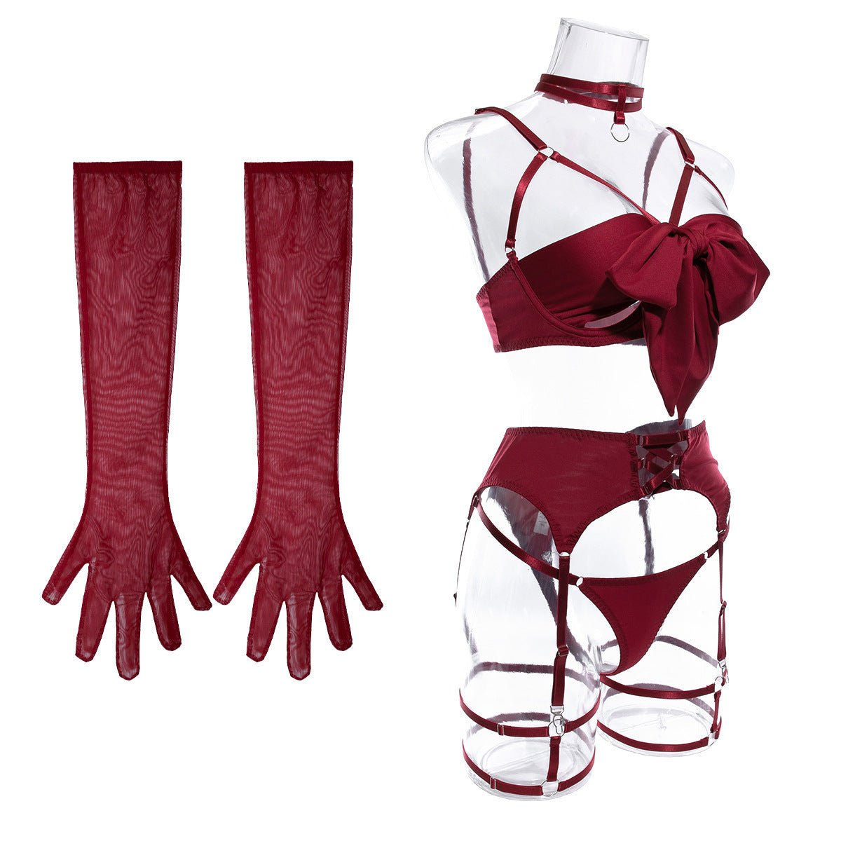 Women's underwear bow tie can reveal chest steel ring gather with gloves four - piece set - Negative Apparel