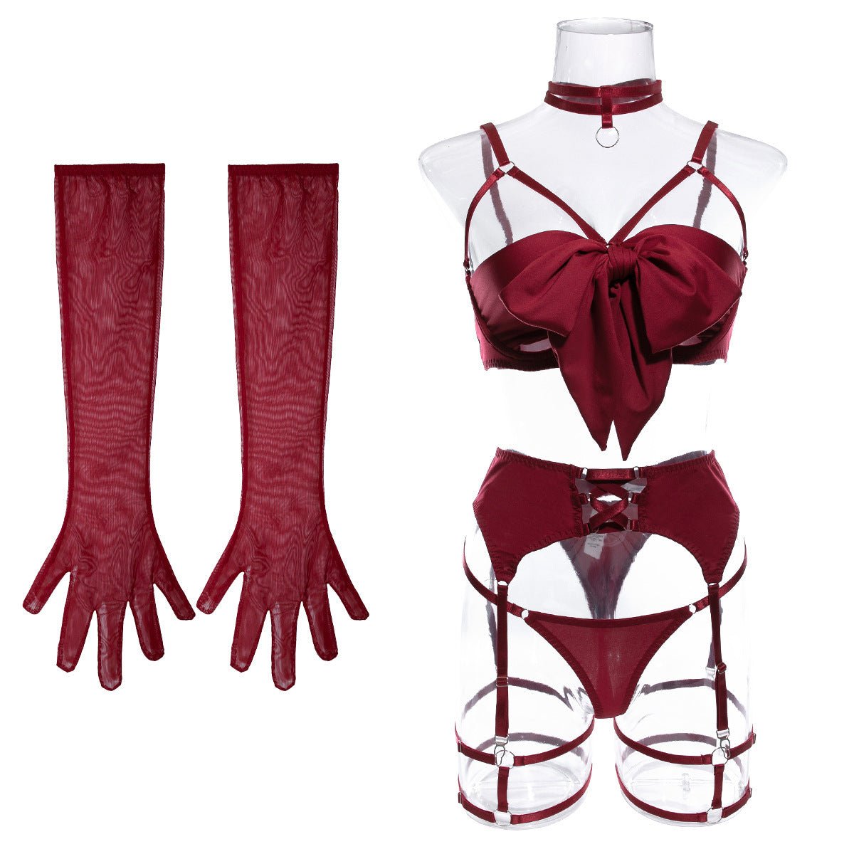 Women's underwear bow tie can reveal chest steel ring gather with gloves four - piece set - Negative Apparel