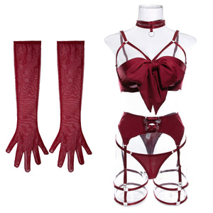 Women's underwear bow tie can reveal chest steel ring gather with gloves four - piece set - Negative Apparel