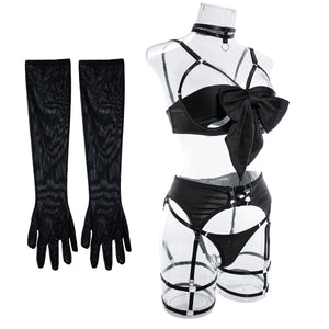 Women's underwear bow tie can reveal chest steel ring gather with gloves four - piece set - Negative Apparel