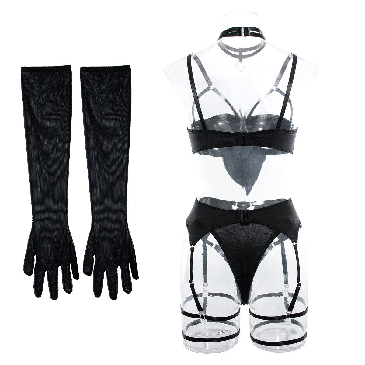 Women's underwear bow tie can reveal chest steel ring gather with gloves four - piece set - Negative Apparel