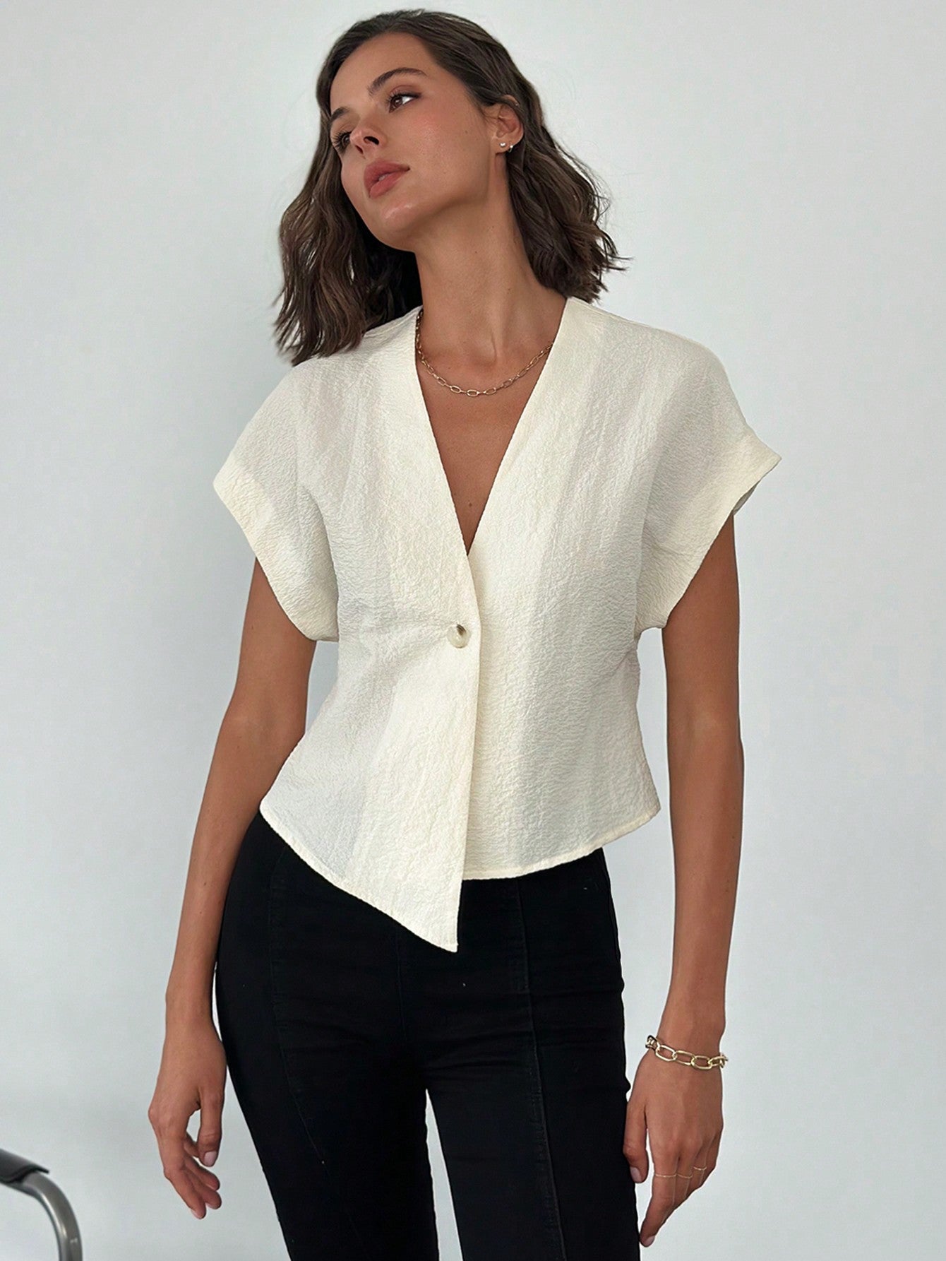 Women's V - Neck Commuter Blouse With Asymmetrical Hem - Negative Apparel