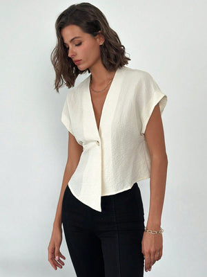 Women's V - Neck Commuter Blouse With Asymmetrical Hem - Negative Apparel