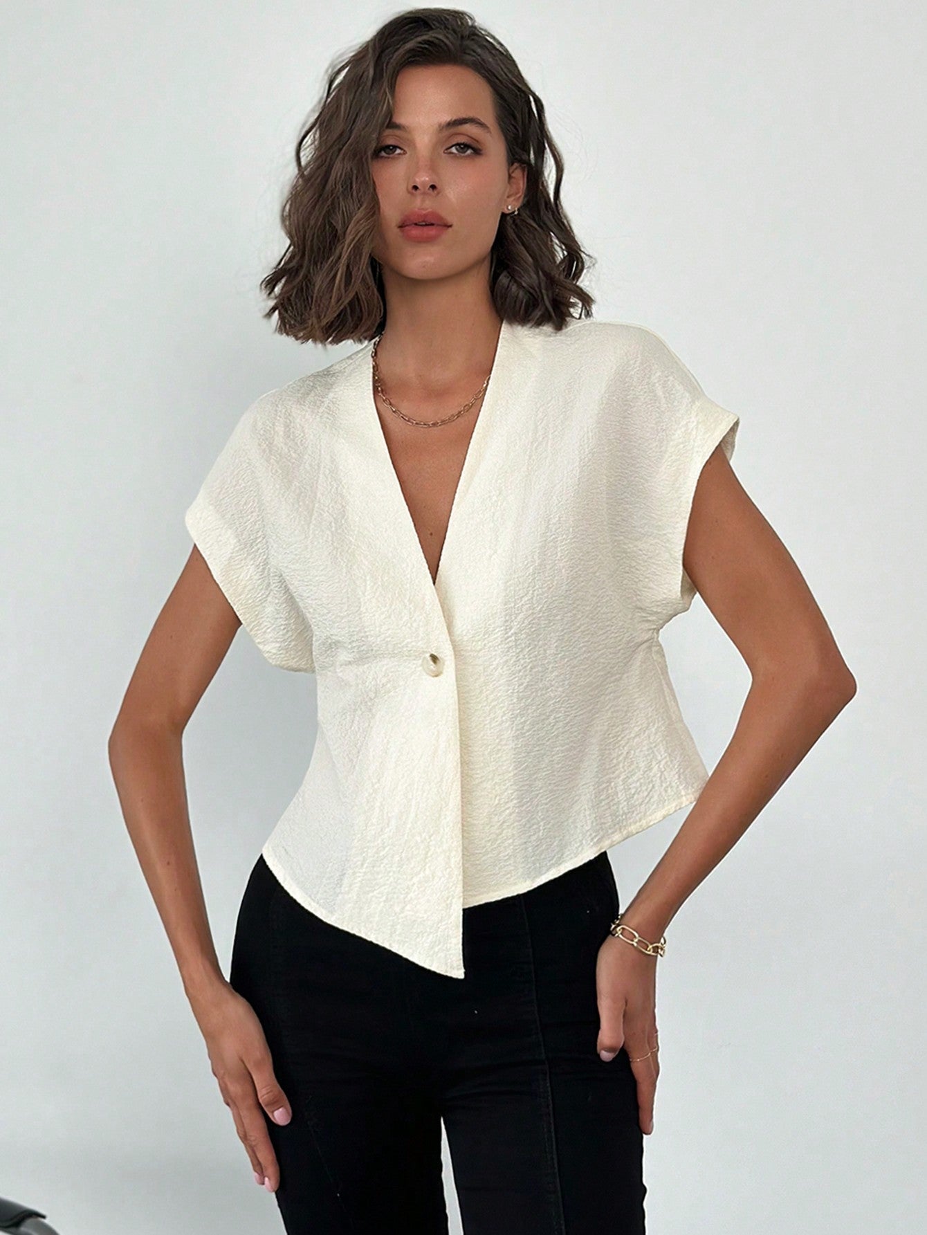 Women's V - Neck Commuter Blouse With Asymmetrical Hem - Negative Apparel