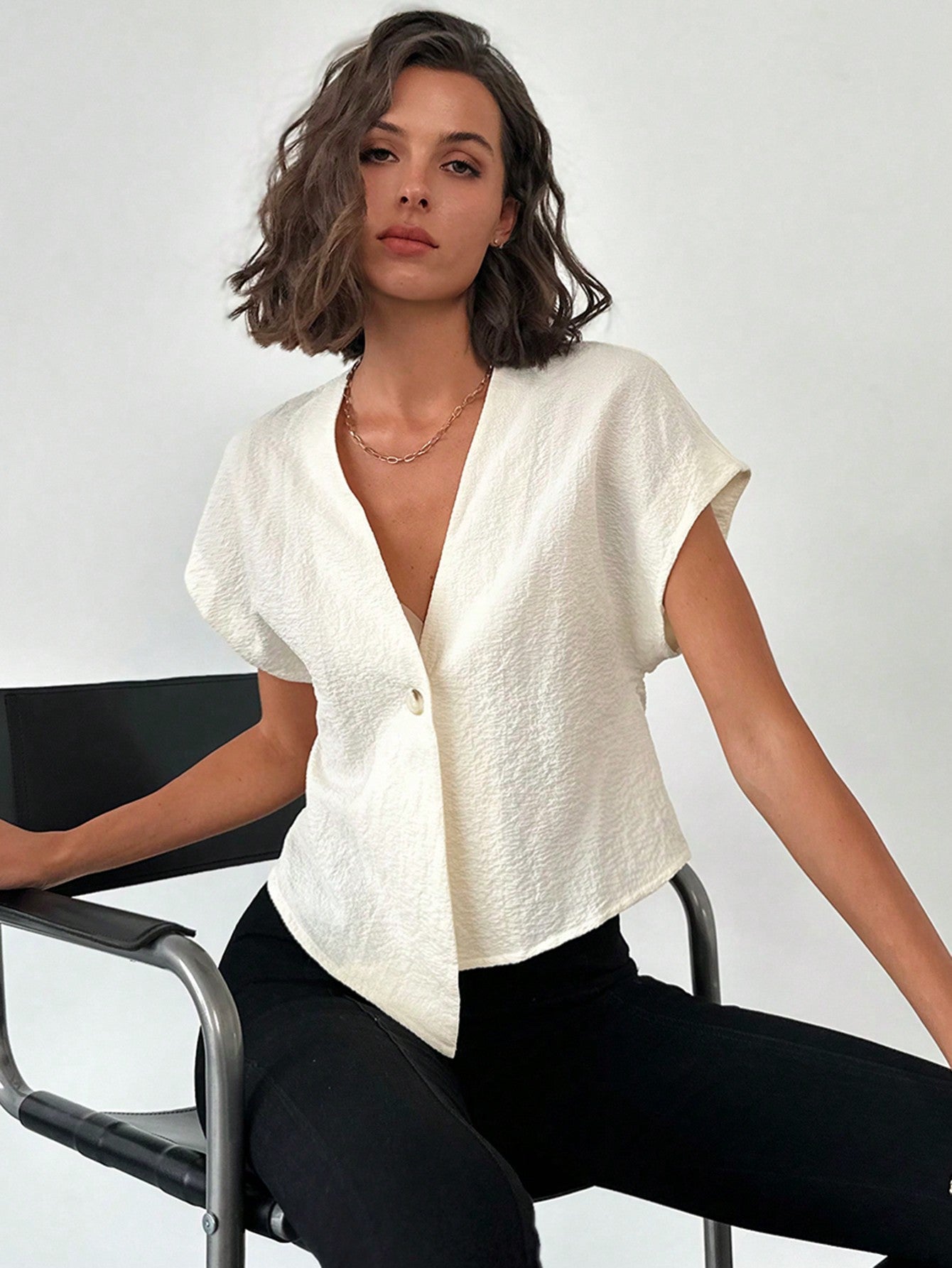 Women's V - Neck Commuter Blouse With Asymmetrical Hem - Negative Apparel