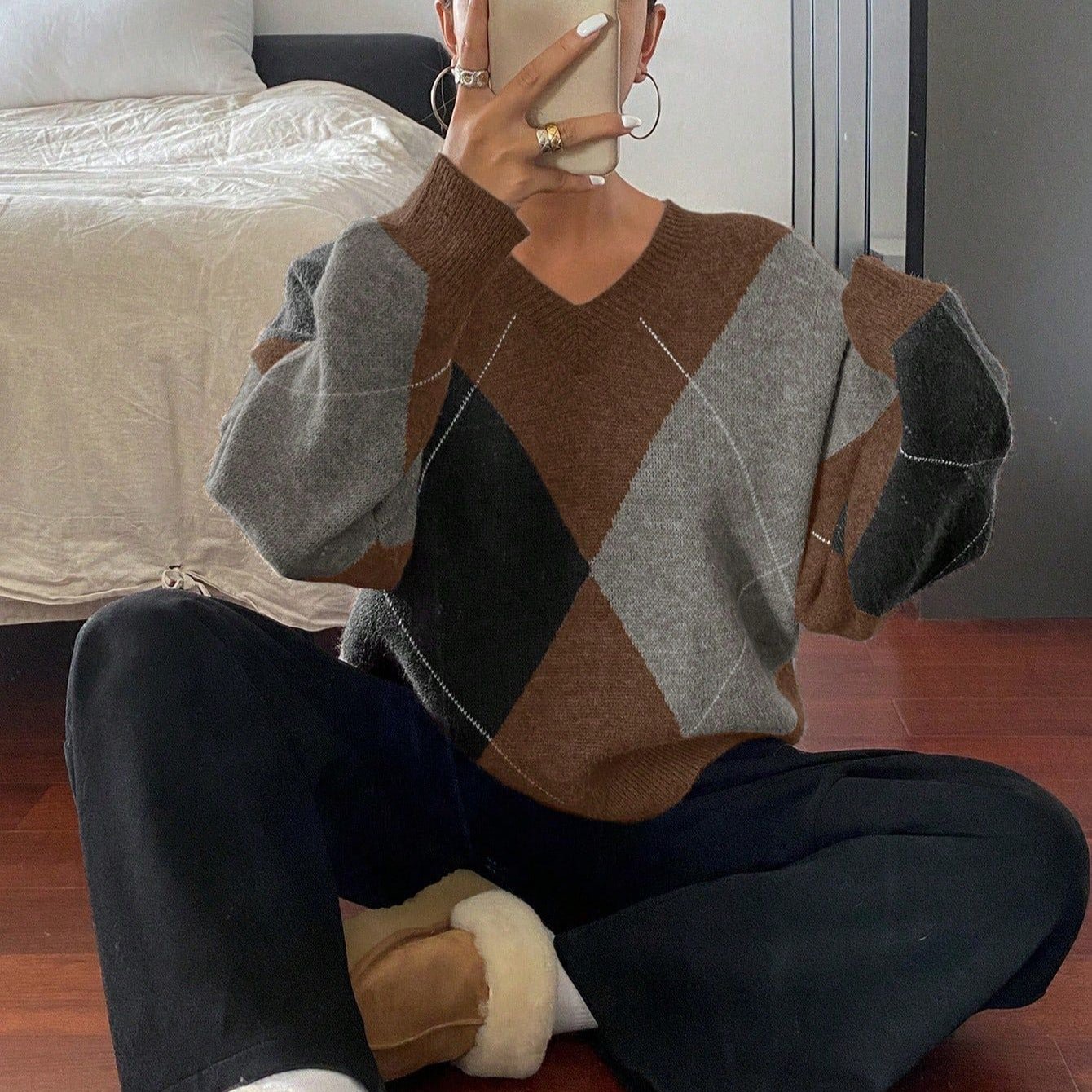 Women’s V - Neck Rhombus Color - Block Sweater – Mori Wind Loose Pullover | Autumn 2025 Sweet & Fresh Knitwear - Negative Apparel