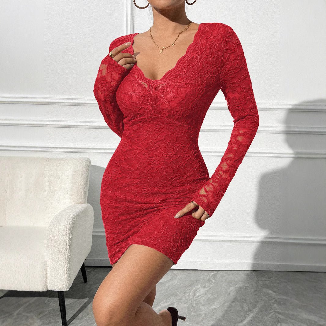 Women's V - neck sexy lace slim long - sleeved dress party - Negative Apparel