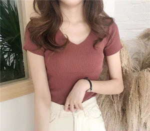 Women’s V - Neck Slim - Fit Knit Top – Lightweight Commuter Elegance - Negative Apparel