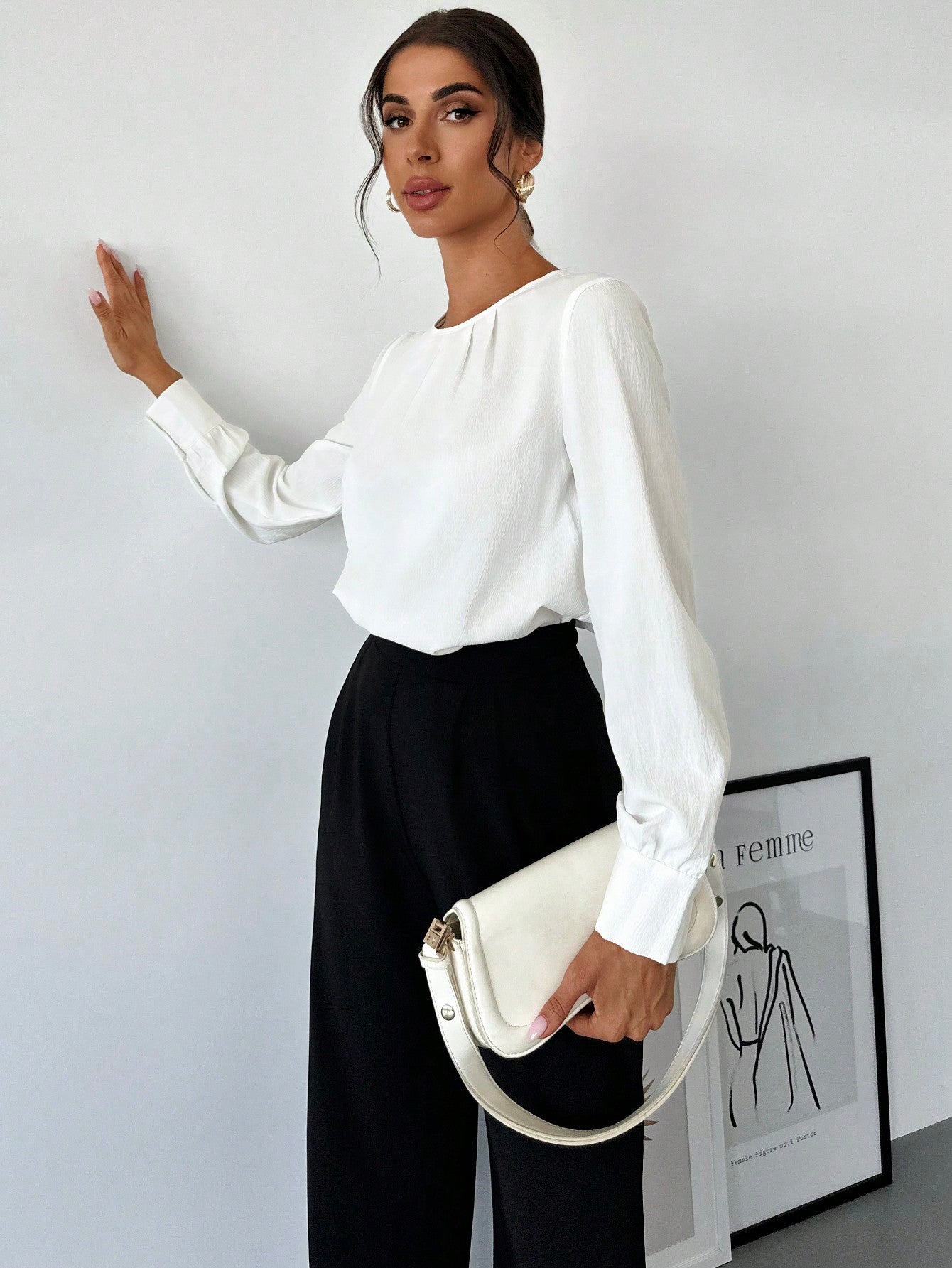 Women's White Fold Pleated Long Sleeve Fitted Blouse, Minimalist Office Work Wear Back To School,Long Sleeve Tops - Negative Apparel