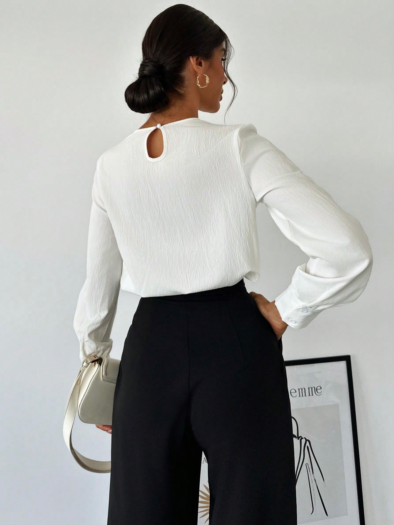 Women's White Fold Pleated Long Sleeve Fitted Blouse, Minimalist Office Work Wear Back To School,Long Sleeve Tops - Negative Apparel