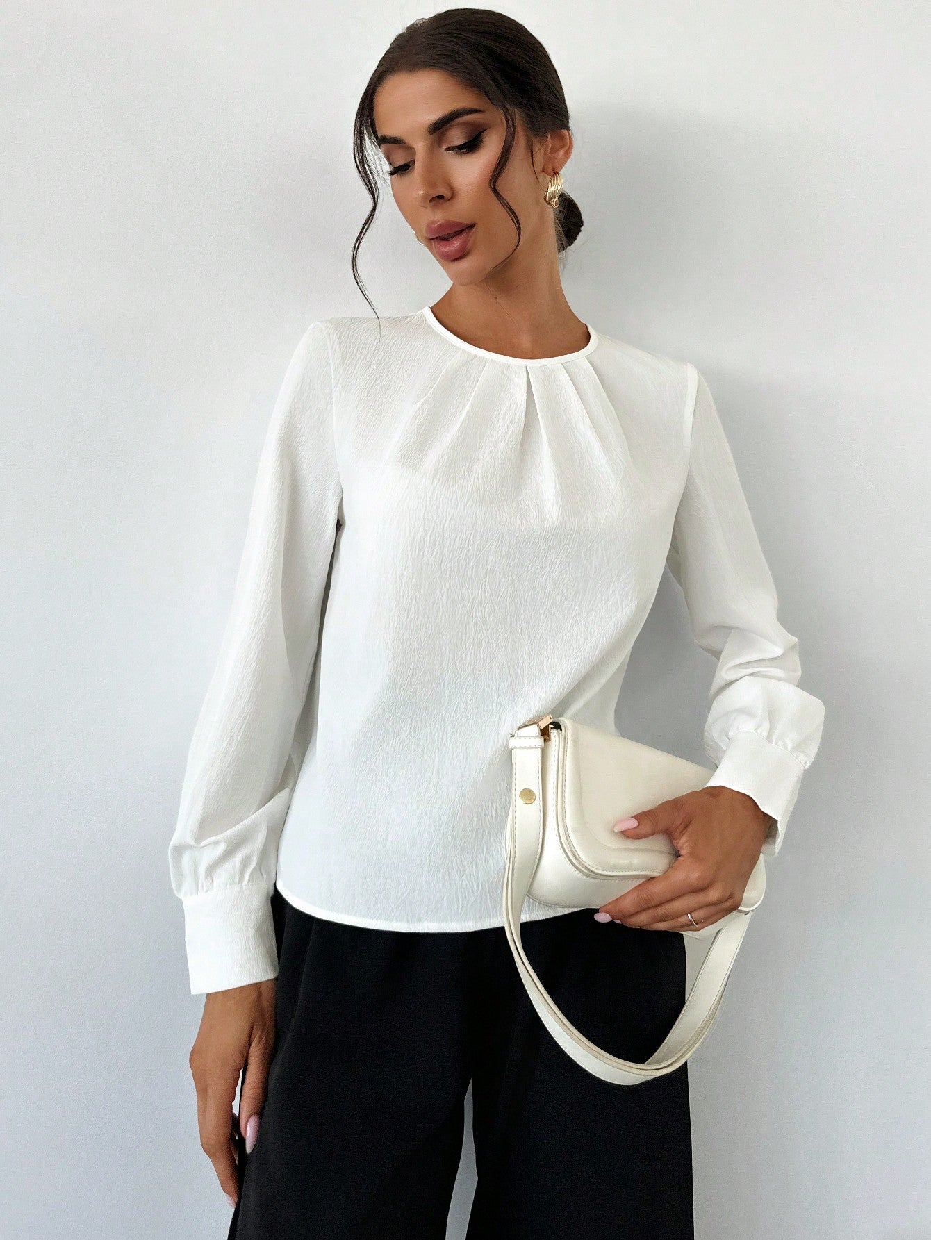 Women's White Fold Pleated Long Sleeve Fitted Blouse, Minimalist Office Work Wear Back To School,Long Sleeve Tops - Negative Apparel