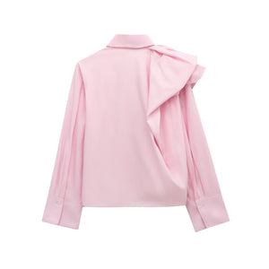 Women's White Poplin Shirt with Ruffle Shoulder Accent , European and American style - Negative Apparel