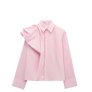 Women's White Poplin Shirt with Ruffle Shoulder Accent , European and American style - Negative Apparel