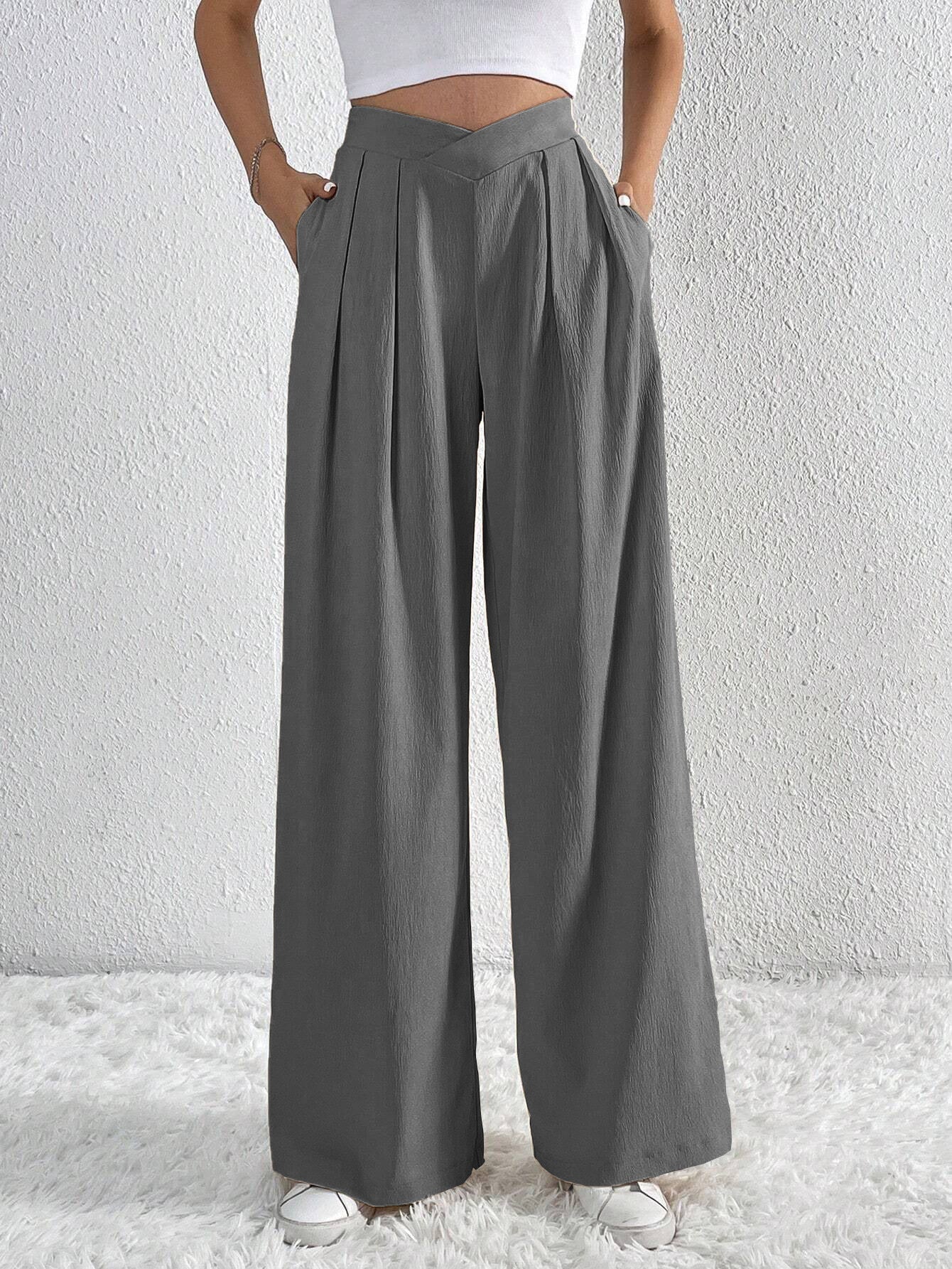 Women’s Wide - Leg Casual Pants – Low Waist, Asymmetric Detail, Winter Collection - Negative Apparel