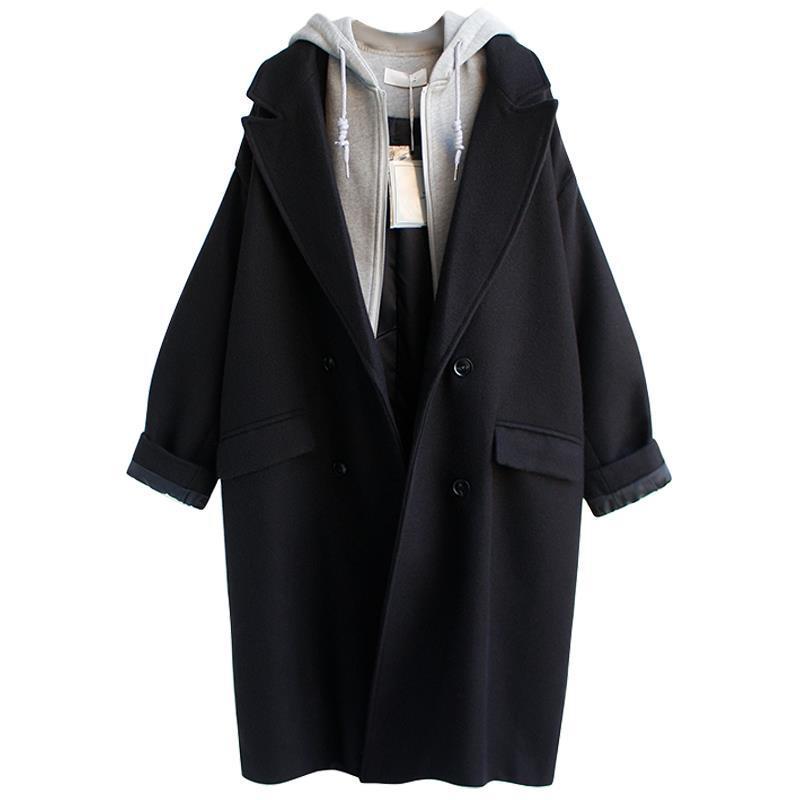 Women’s Wool - Blend Double - Breasted Coat – Medium - Long Loose Fit Jacket with Suit Collar | Elegant Urban Style - Negative Apparel