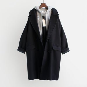Women’s Wool - Blend Double - Breasted Coat – Medium - Long Loose Fit Jacket with Suit Collar | Elegant Urban Style - Negative Apparel