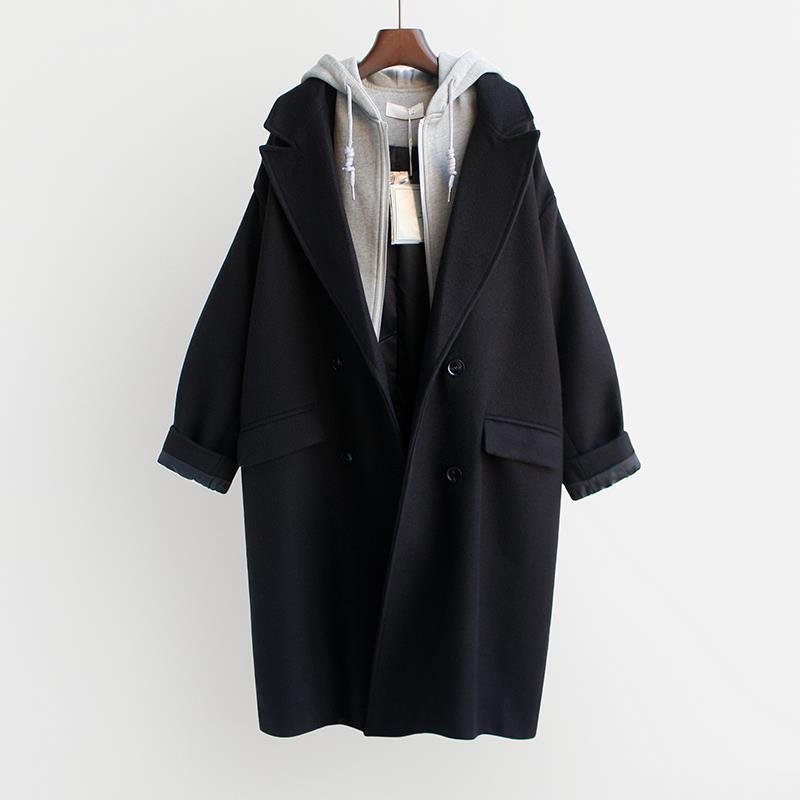 Women’s Wool - Blend Double - Breasted Coat – Medium - Long Loose Fit Jacket with Suit Collar | Elegant Urban Style - Negative Apparel