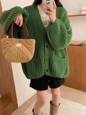 Women’s Wool Blend V - Neck Knit Cardigan | Thick Lazy Style Korean Sweater with Pockets - Negative Apparel