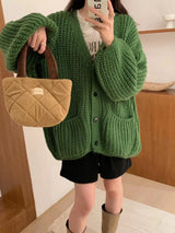 Women’s Wool Blend V - Neck Knit Cardigan | Thick Lazy Style Korean Sweater with Pockets - Negative Apparel