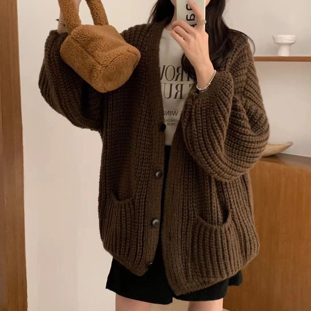 Women’s Wool Blend V - Neck Knit Cardigan | Thick Lazy Style Korean Sweater with Pockets - Negative Apparel