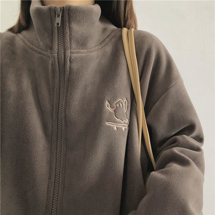 Women’s Zipper Cardigan – Japanese & Korean Casual Style, Autumn 2025, Long Sleeve High Collar Fleece/Sweater - Negative Apparel