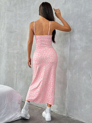 Wrap chest high slit small daisy print hip long dress - Negative Apparel