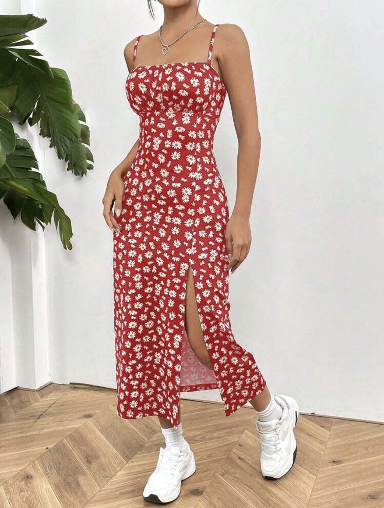 Wrap chest high slit small daisy print hip long dress - Negative Apparel