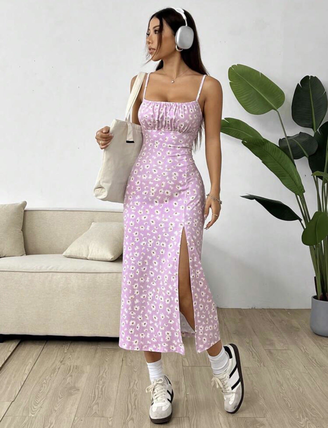 Wrap chest high slit small daisy print hip long dress - Negative Apparel