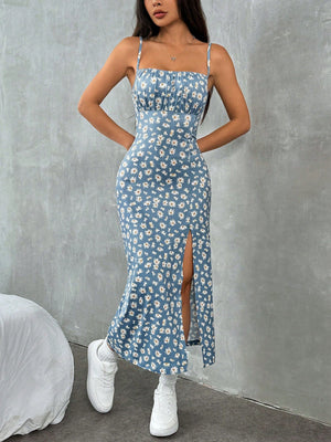 Wrap chest high slit small daisy print hip long dress - Negative Apparel