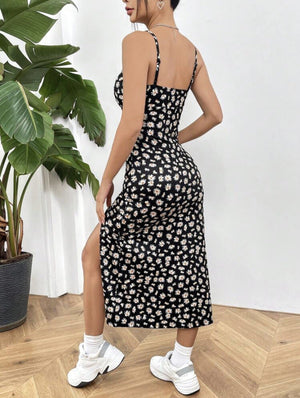 Wrap chest high slit small daisy print hip long dress - Negative Apparel