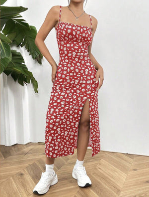 Wrap chest high slit small daisy print hip long dress - Negative Apparel