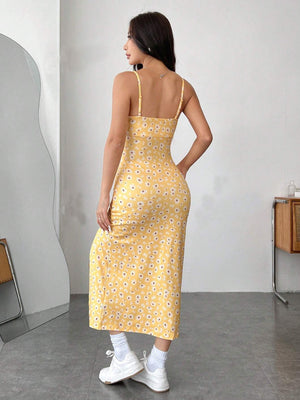 Wrap chest high slit small daisy print hip long dress - Negative Apparel