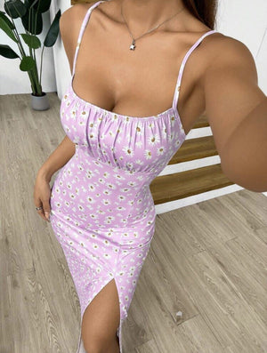 Wrap chest high slit small daisy print hip long dress - Negative Apparel