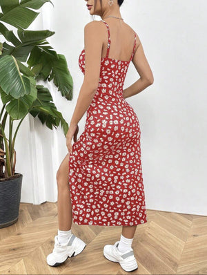 Wrap chest high slit small daisy print hip long dress - Negative Apparel