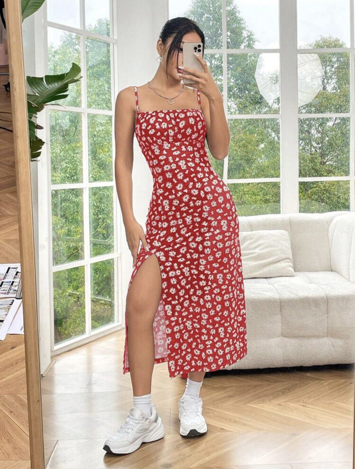 Wrap chest high slit small daisy print hip long dress - Negative Apparel