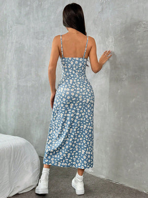 Wrap chest high slit small daisy print hip long dress - Negative Apparel