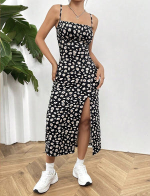 Wrap chest high slit small daisy print hip long dress - Negative Apparel