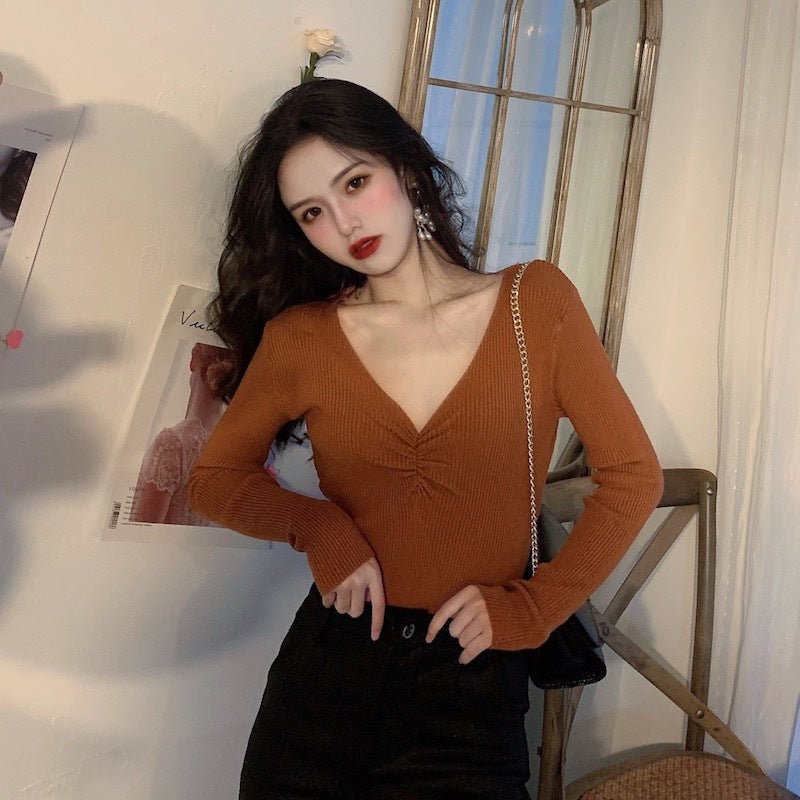 Wrinkled v - neck knitted bottoming shirt long - sleeved French temperament sweater - Negative Apparel