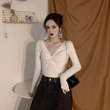 Wrinkled v - neck knitted bottoming shirt long - sleeved French temperament sweater - Negative Apparel