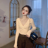 Wrinkled v - neck knitted bottoming shirt long - sleeved French temperament sweater - Negative Apparel