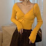 Wrinkled v - neck knitted bottoming shirt long - sleeved French temperament sweater - Negative Apparel