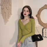 Wrinkled v - neck knitted bottoming shirt long - sleeved French temperament sweater - Negative Apparel