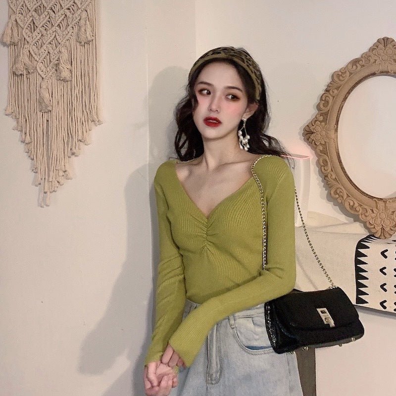 Wrinkled v - neck knitted bottoming shirt long - sleeved French temperament sweater - Negative Apparel