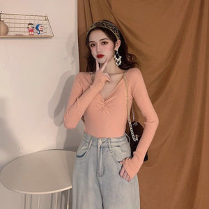 Wrinkled v - neck knitted bottoming shirt long - sleeved French temperament sweater - Negative Apparel