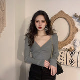 Wrinkled v - neck knitted bottoming shirt long - sleeved French temperament sweater - Negative Apparel