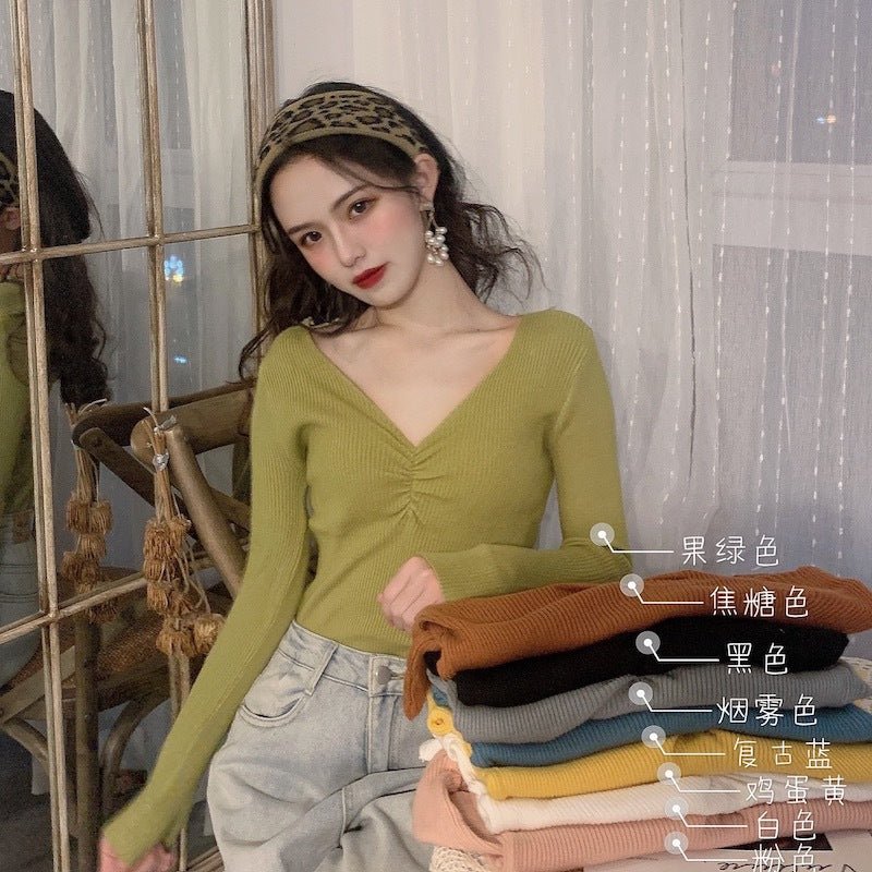 Wrinkled v - neck knitted bottoming shirt long - sleeved French temperament sweater - Negative Apparel
